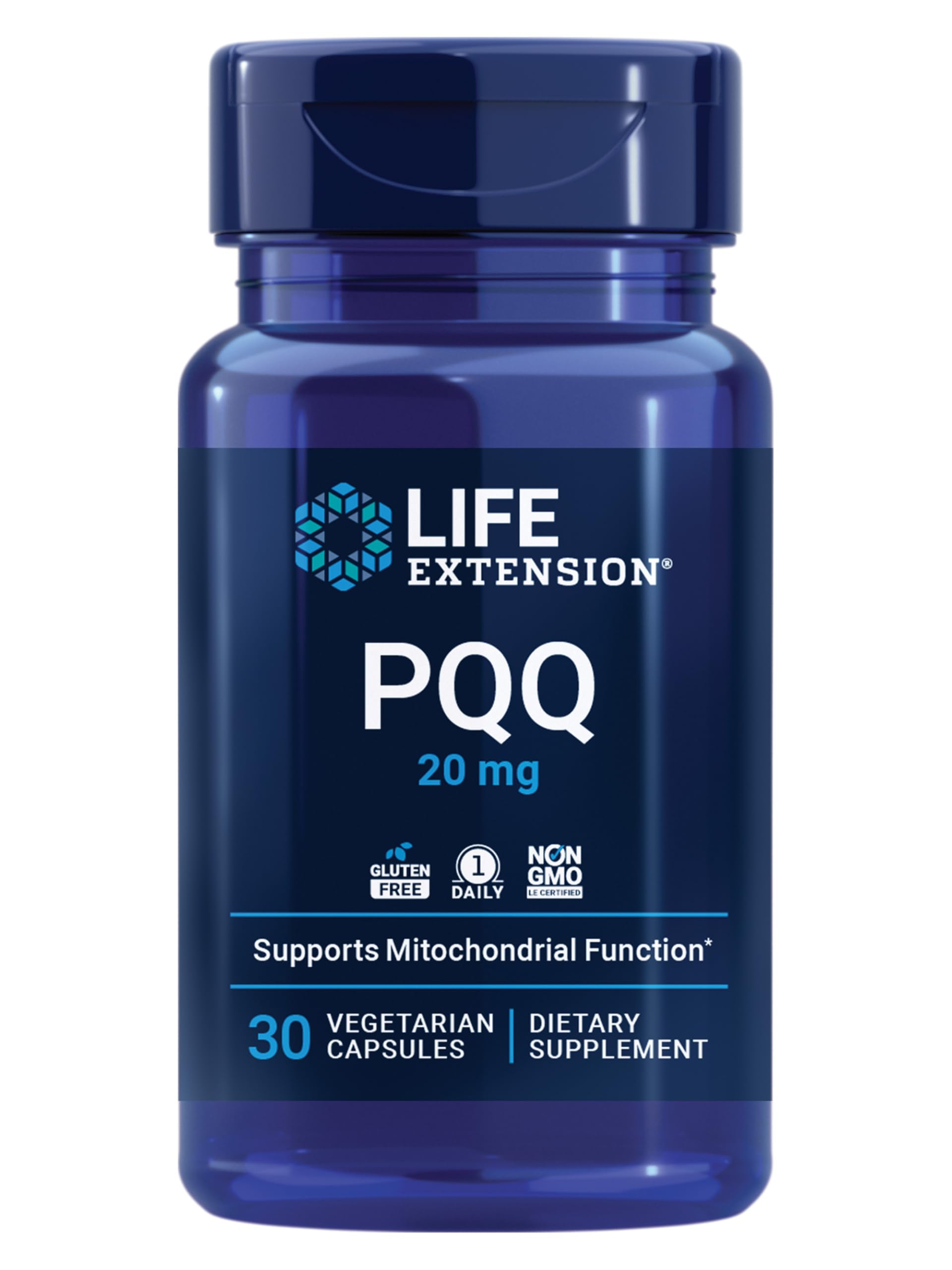 Life Extension PQQ bottle label showing 20 mg per capsule