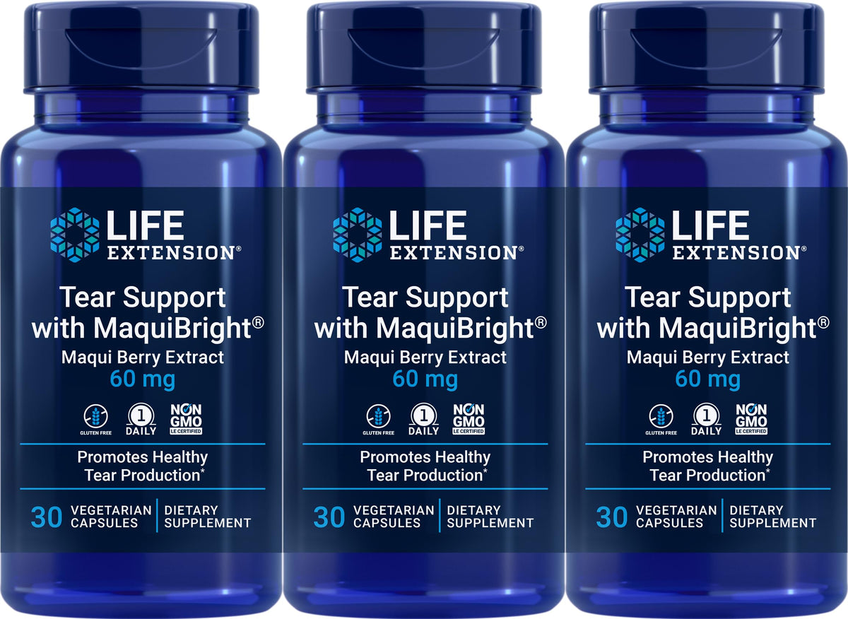 Three bottles of Life Extension Tear Support with MaquiBright 60 mg (30 vegetarian capsules each) – Pack of 3