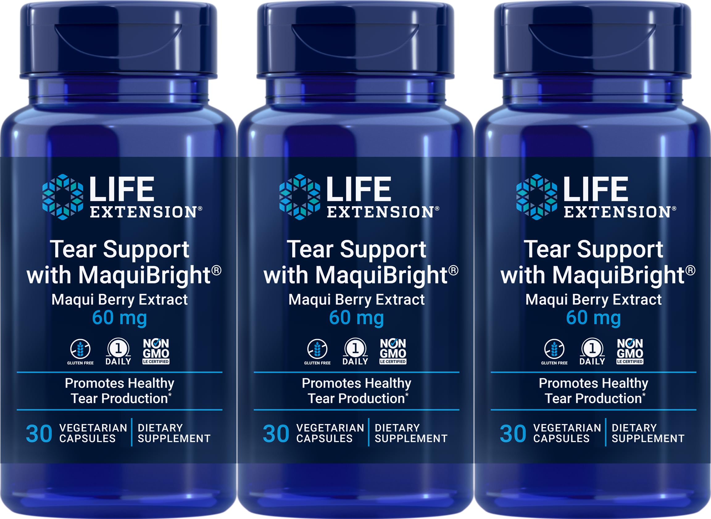 Life Extension Tear Support MaquiBright 60 mg bottle shown for eye comfort during long computer use.