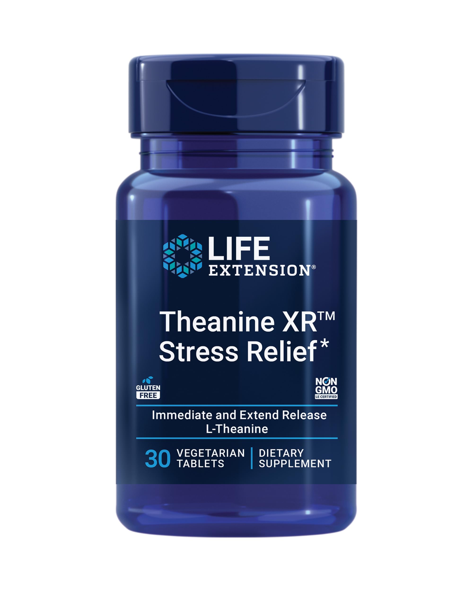 Life Extension Theanine XR Stress Relief bottle on white background