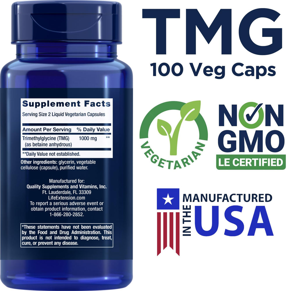 Close-up of Life Extension TMG 500mg labeling on bottle
