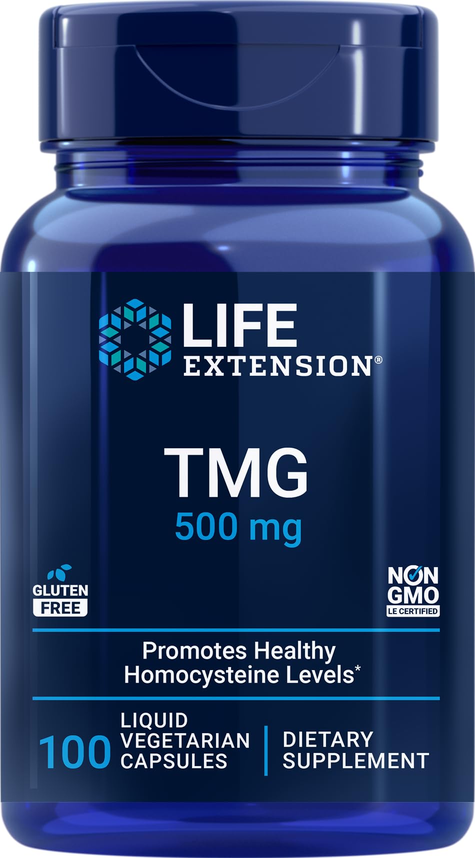 Life Extension TMG 500mg bottle with 100 liquid vegetarian capsules.