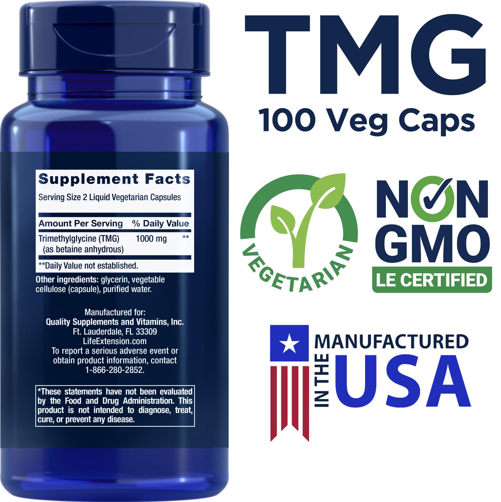 Close-up of Life Extension TMG liquid-filled vegetarian capsules.