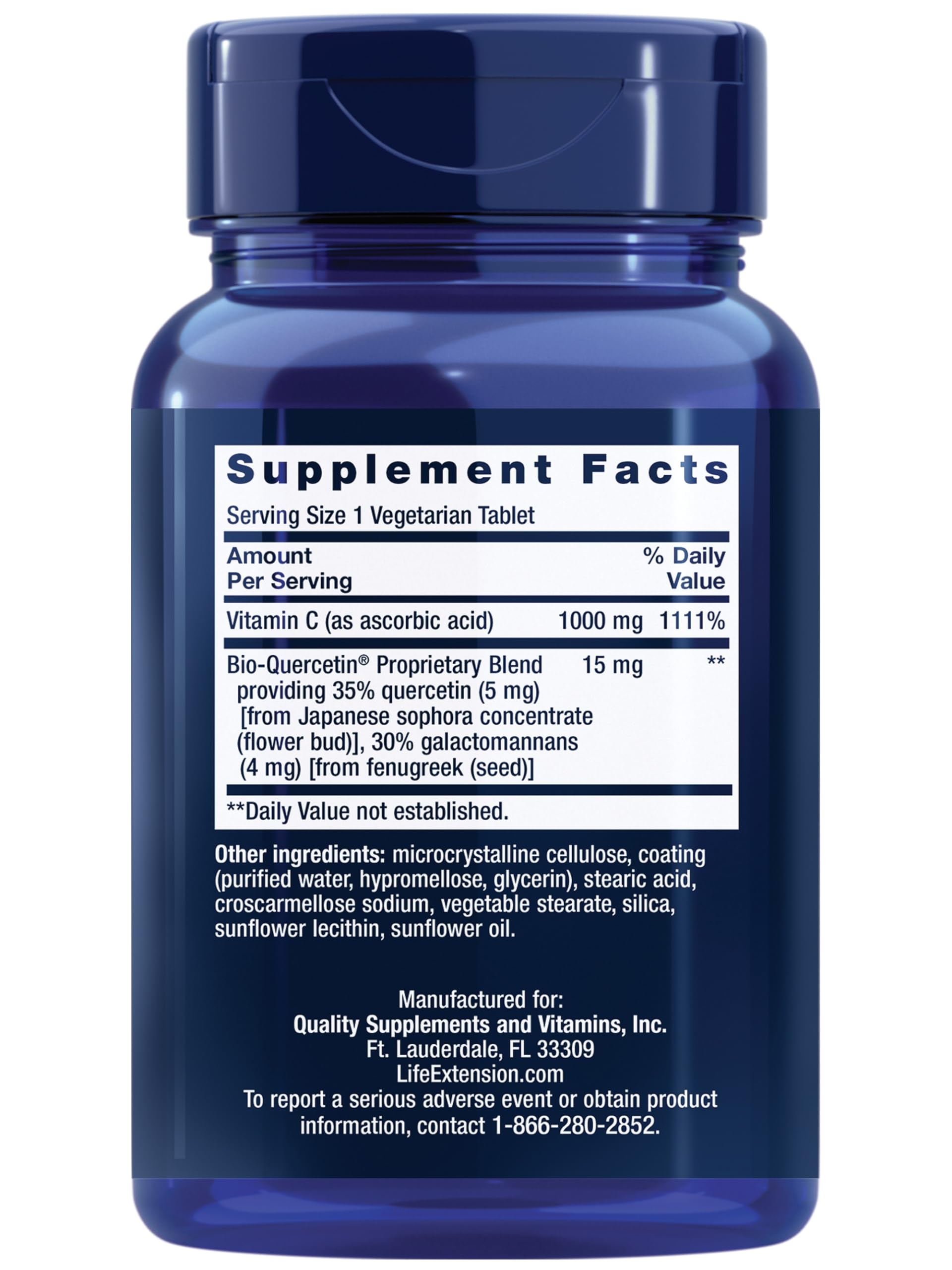 Side view of Life Extension Vitamin C + Bio-Quercetin bottle