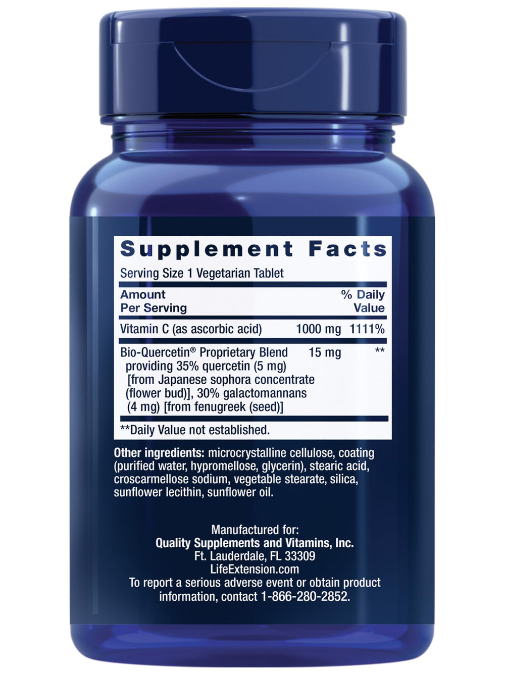 Side view of Life Extension Vitamin C + Bio-Quercetin bottle