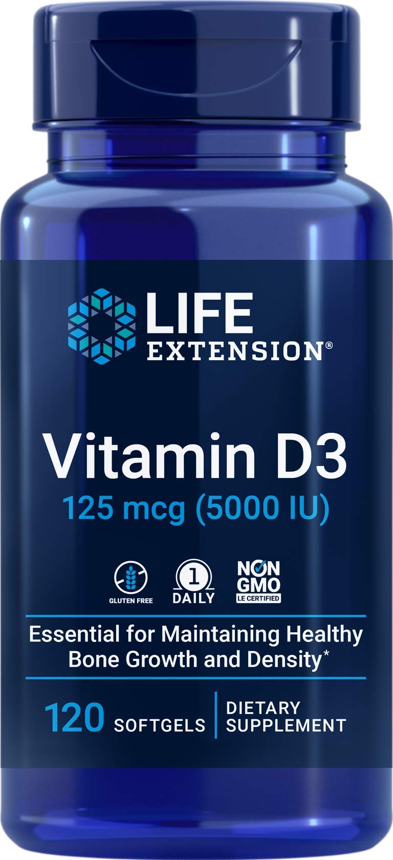 Life Extension Vitamin D3 5000 IU bottle label showing 125 mcg per softgel