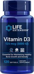 Life Extension Vitamin D3 5000 IU bottle label showing 125 mcg per softgel