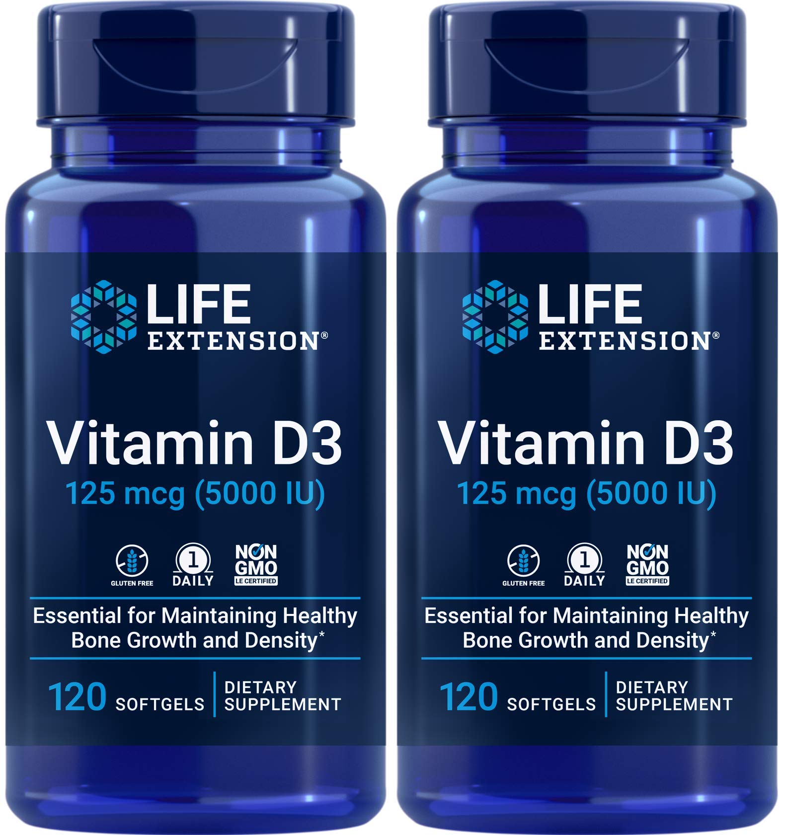 Front view of Life Extension Vitamin D3 5000 IU 120 softgels pack of 2