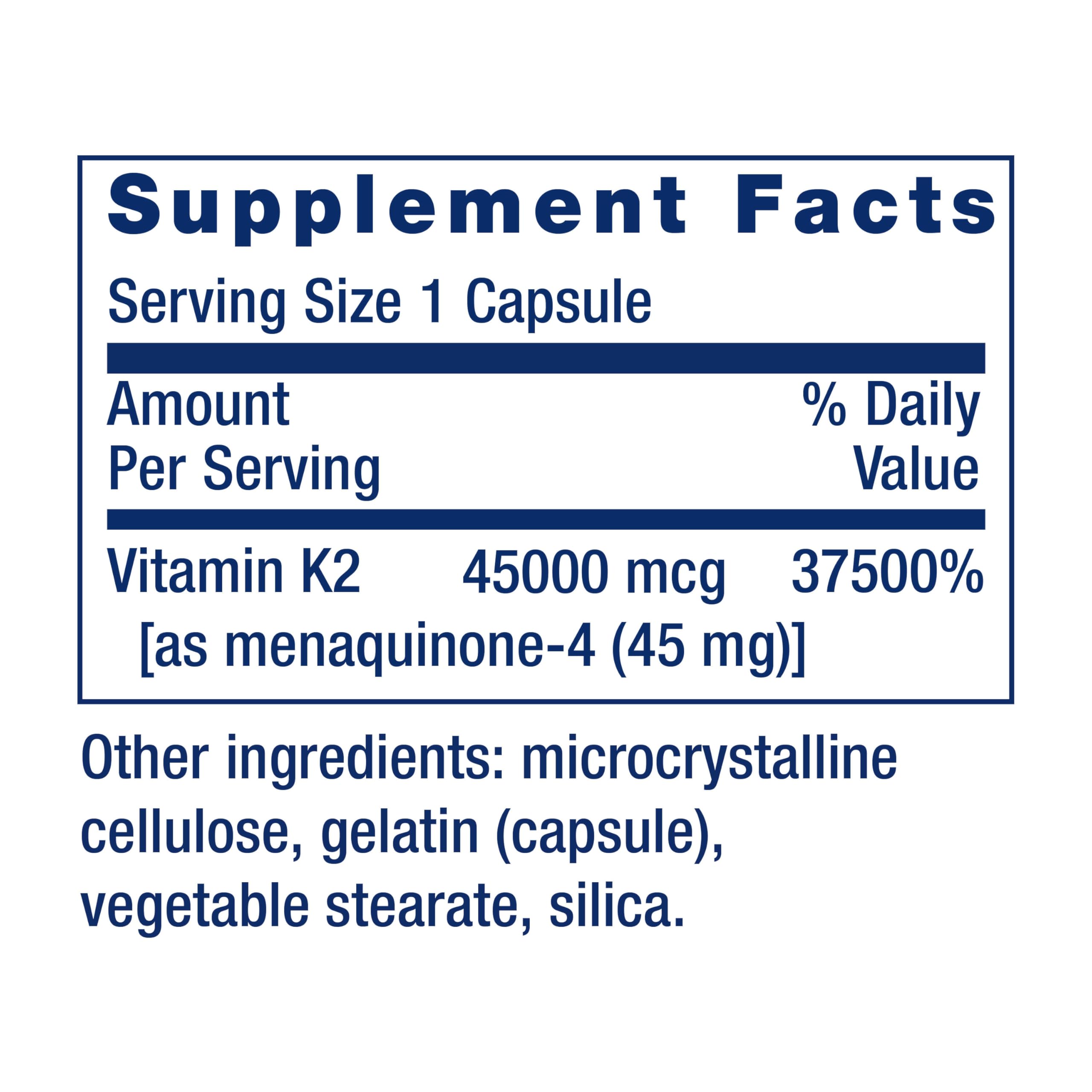 Label showing 45,000 mcg (45 mg) vitamin K2 dose