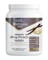 Life Extension Wellness Code Advanced Whey Isolate vanilla tub showing protein powder for lean muscle support.