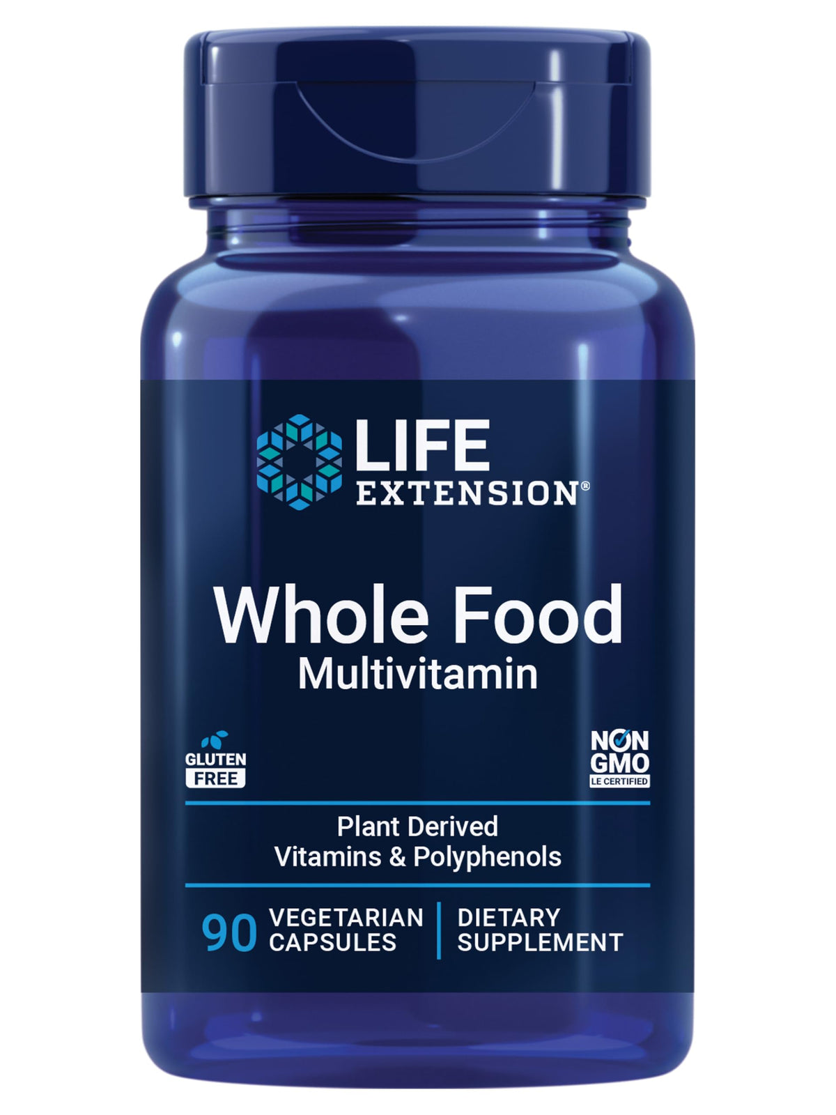 Front view of Life Extension Whole Food Multivitamin bottle with 90 capsules