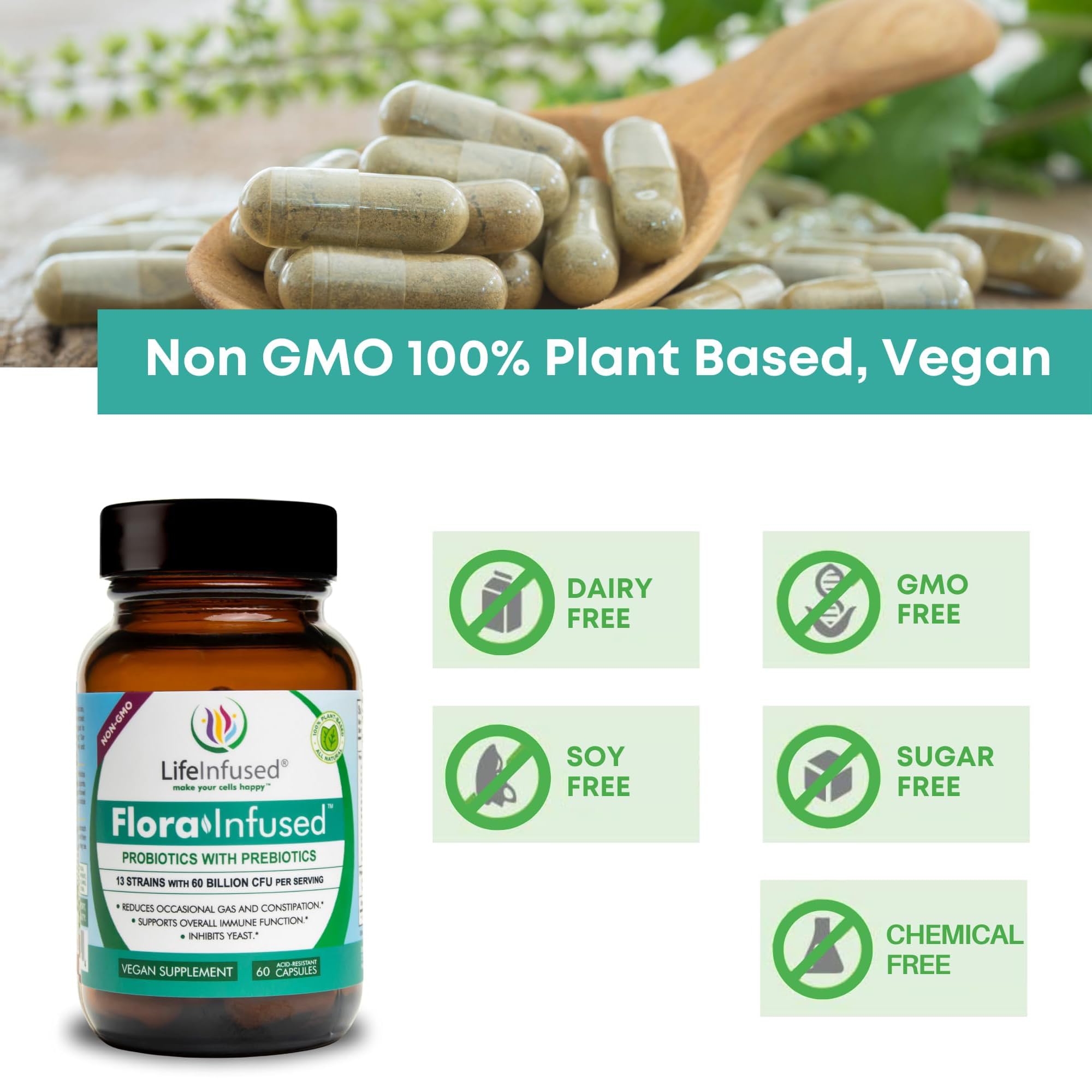Nutrition facts and vegan certification for Life Infused Flora Probiotics