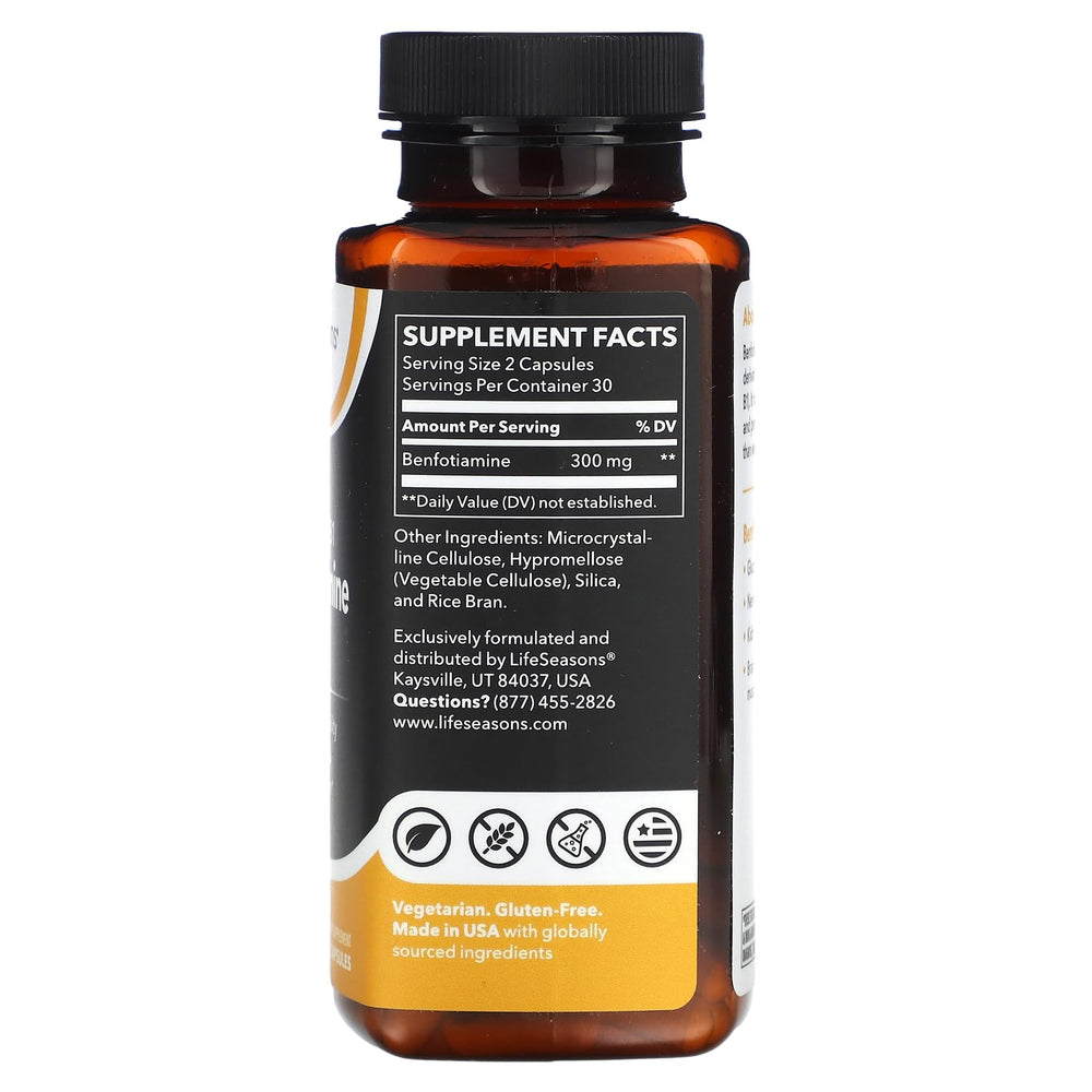 Close-up of Benfotiamine capsules and label