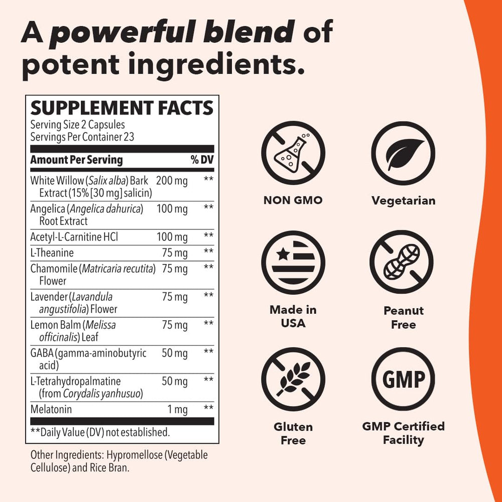 Close-up of Relieve-R PM bottle with capsules