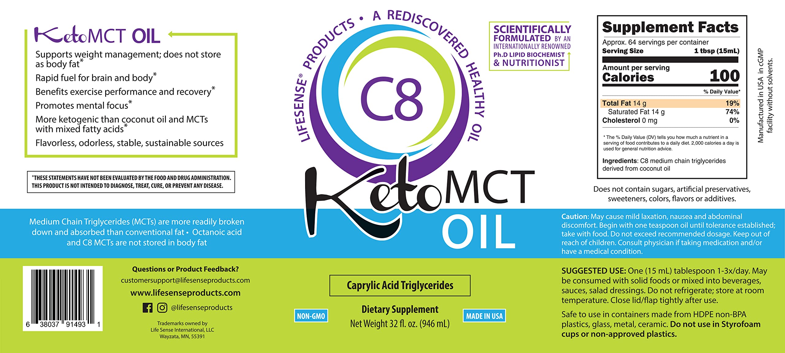 Non-BPA bottle, liner and cap packaging for LifeSense C8 MCT Oil