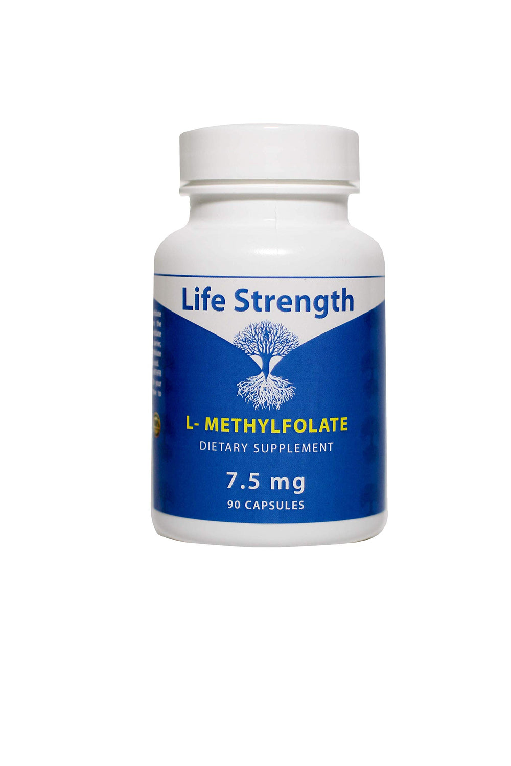 Front view of LifeStrength L-Methylfolate 7.5 mg bottle with 90 capsules