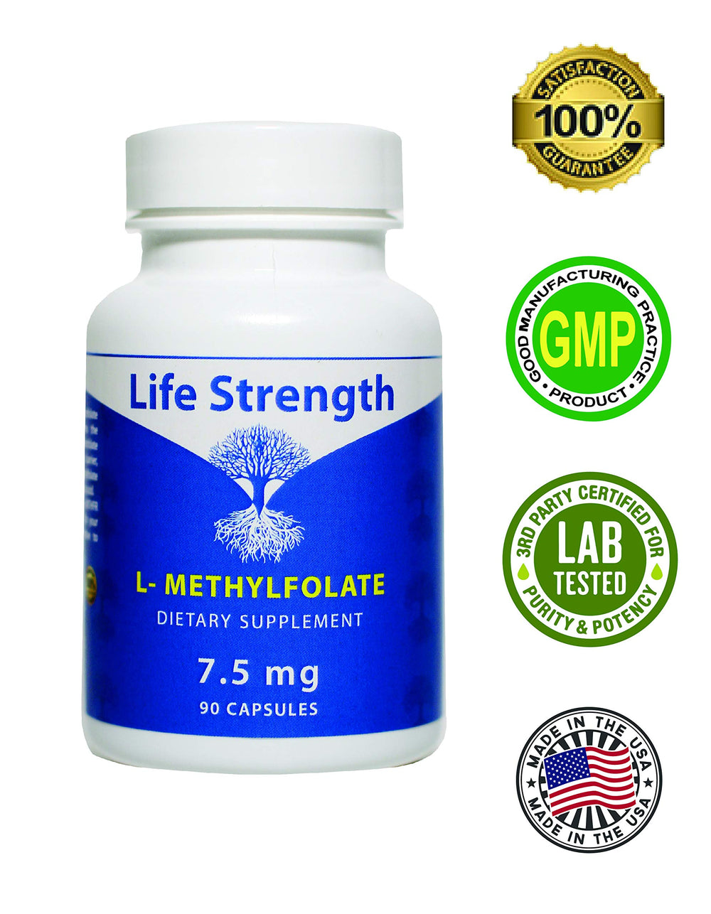 Box and bottle presentation of LifeStrength L-Methylfolate 7.5 mg