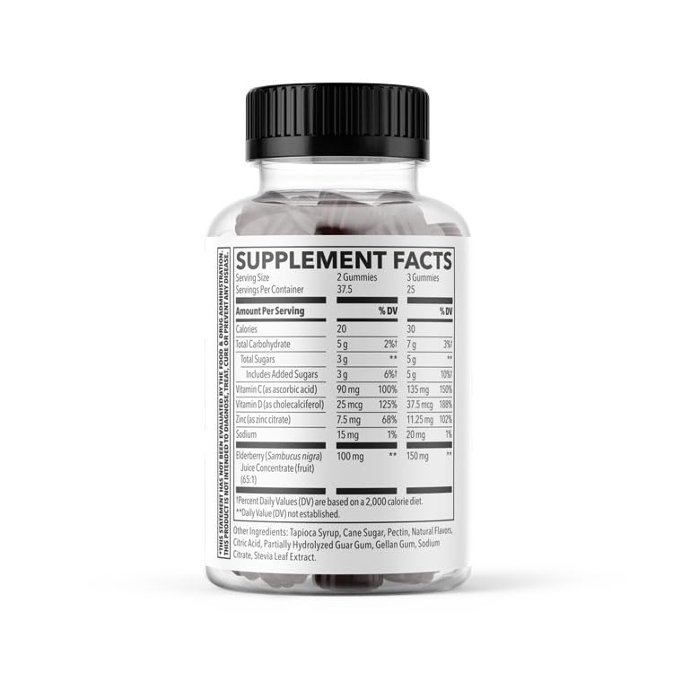 Supplement facts: Vitamin C, Vitamin D3, Zinc and elderberry extract on label