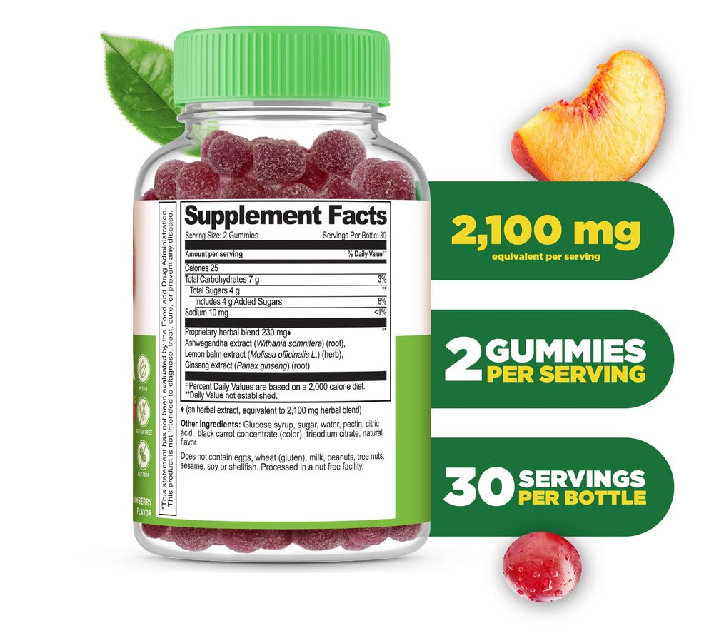 Ingredient panel showing lemon balm and ginseng in Lifeable Ashwagandha Gummies