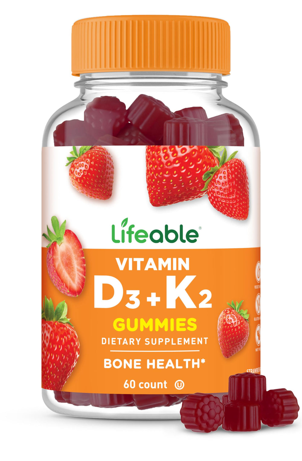 Lifeable Vitamin D3 K2 Gummies bottle label showing 60 gummies