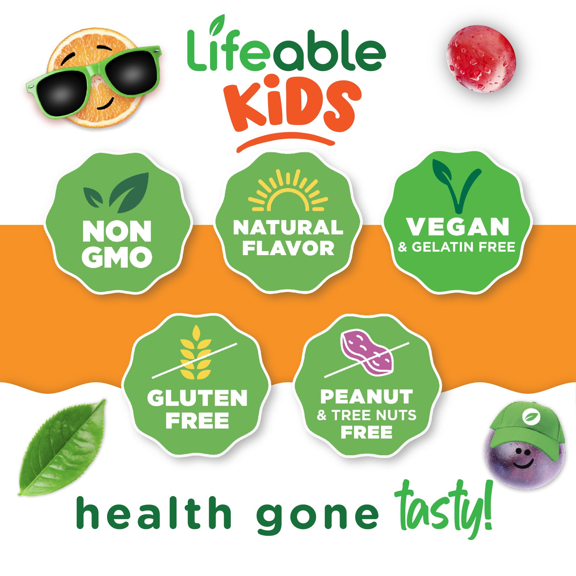 Vegetarian, non-GMO, gluten-free and dairy-free labeling on Lifeable gummies