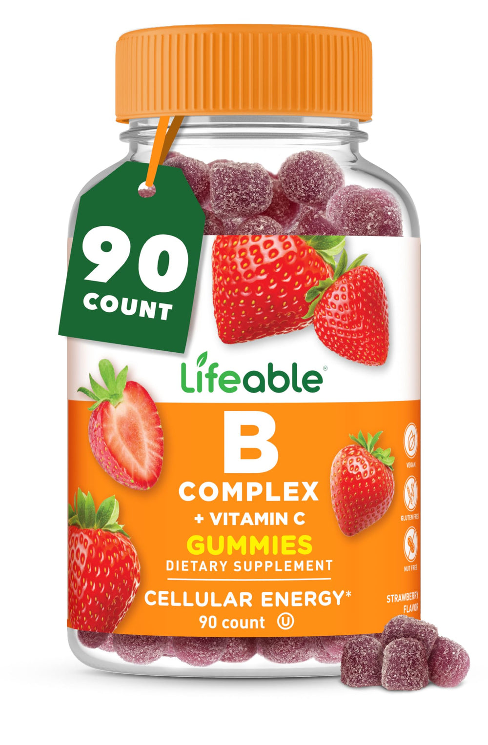 Front view of Lifeable Vitamin B Complex Gummies strawberry flavor bottle