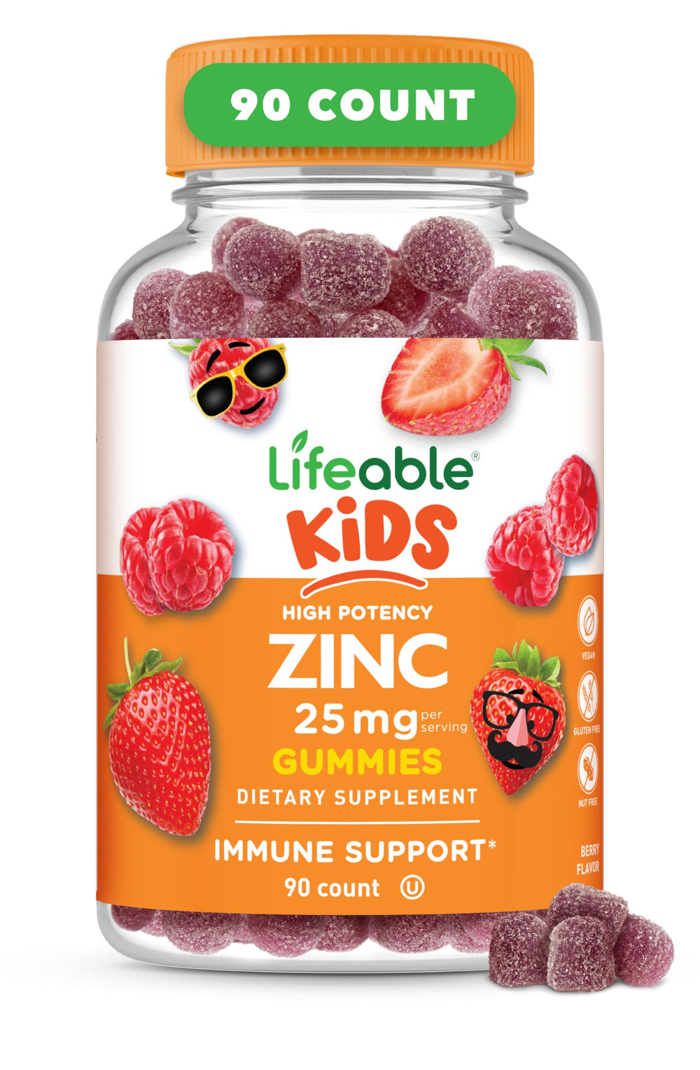 Lifeable Zinc for Kids bottle with 90 berry gummies on white background
