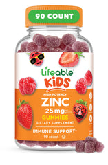 Lifeable Zinc for Kids bottle with 90 berry gummies on white background