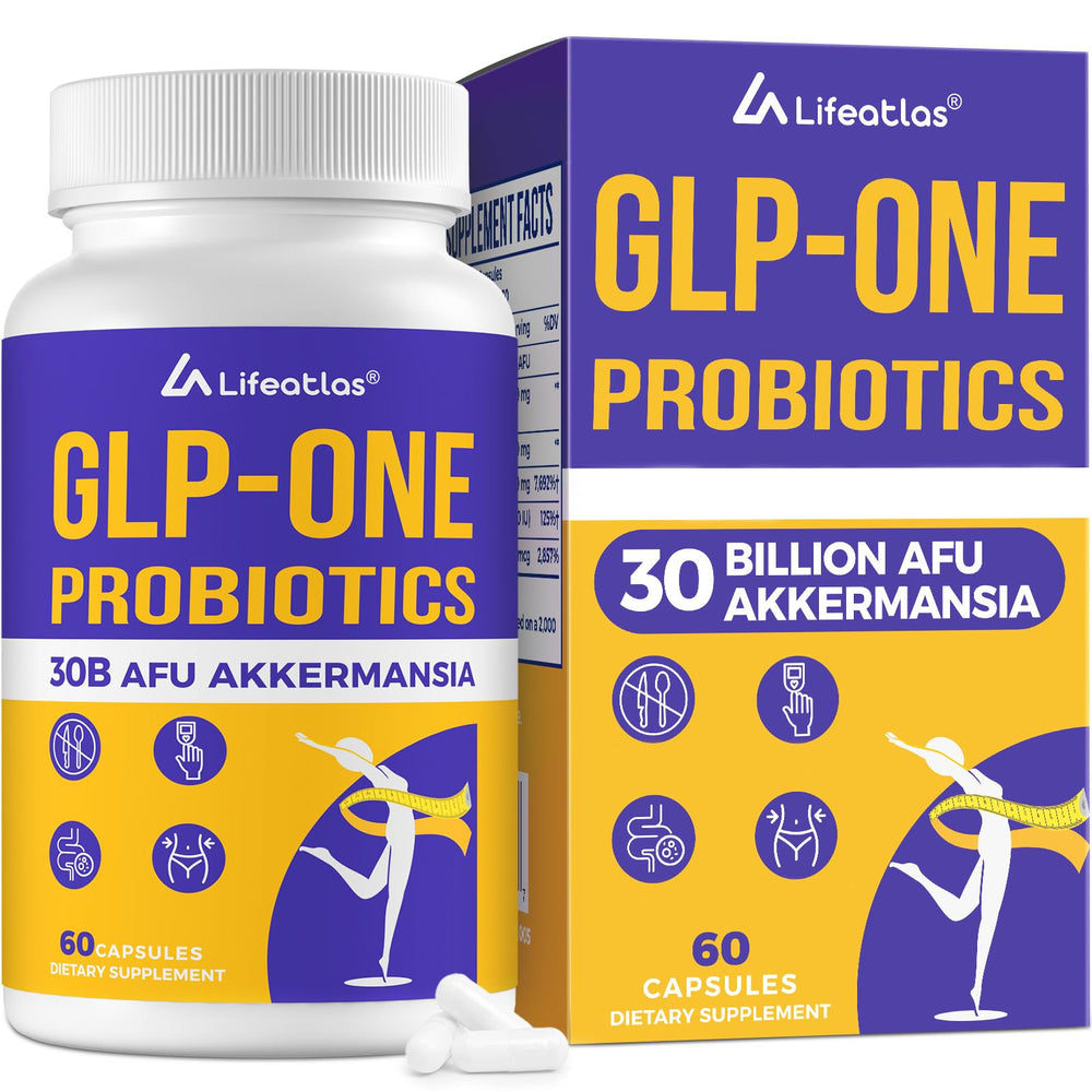 Lifeatlas GLP ONE Probiotic bottle with label showing 30B AFU Akkermansia
