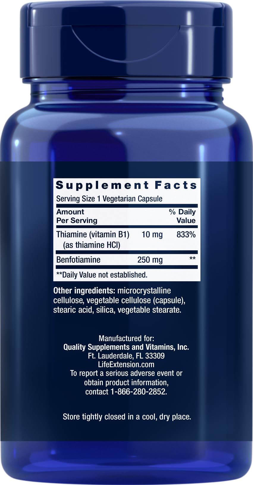 Label on Mega Benfotiamine 250 mg bottle highlighting Thiamine 10 mg