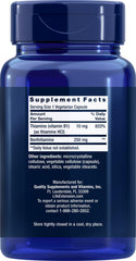 Label on Mega Benfotiamine 250 mg bottle highlighting Thiamine 10 mg