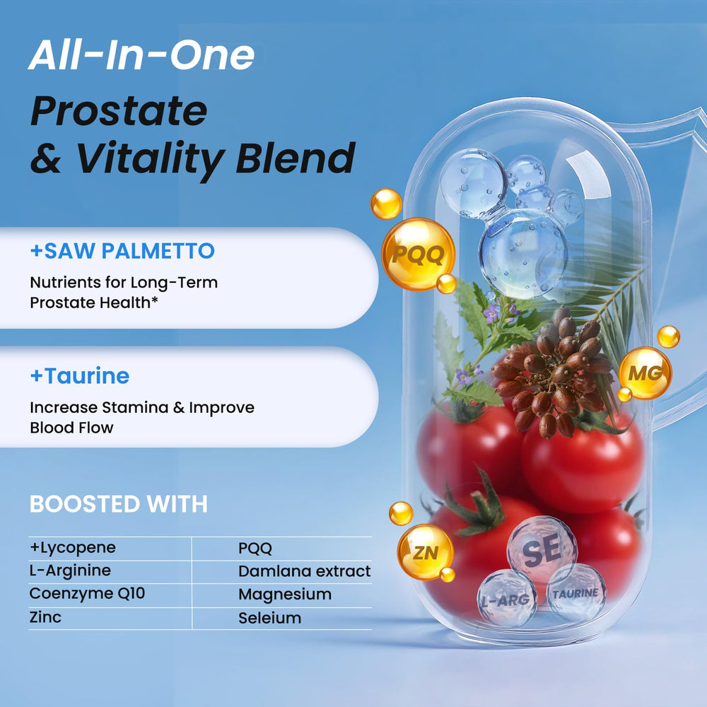 Icons representing ingredients lycopene, taurine, and PQQ