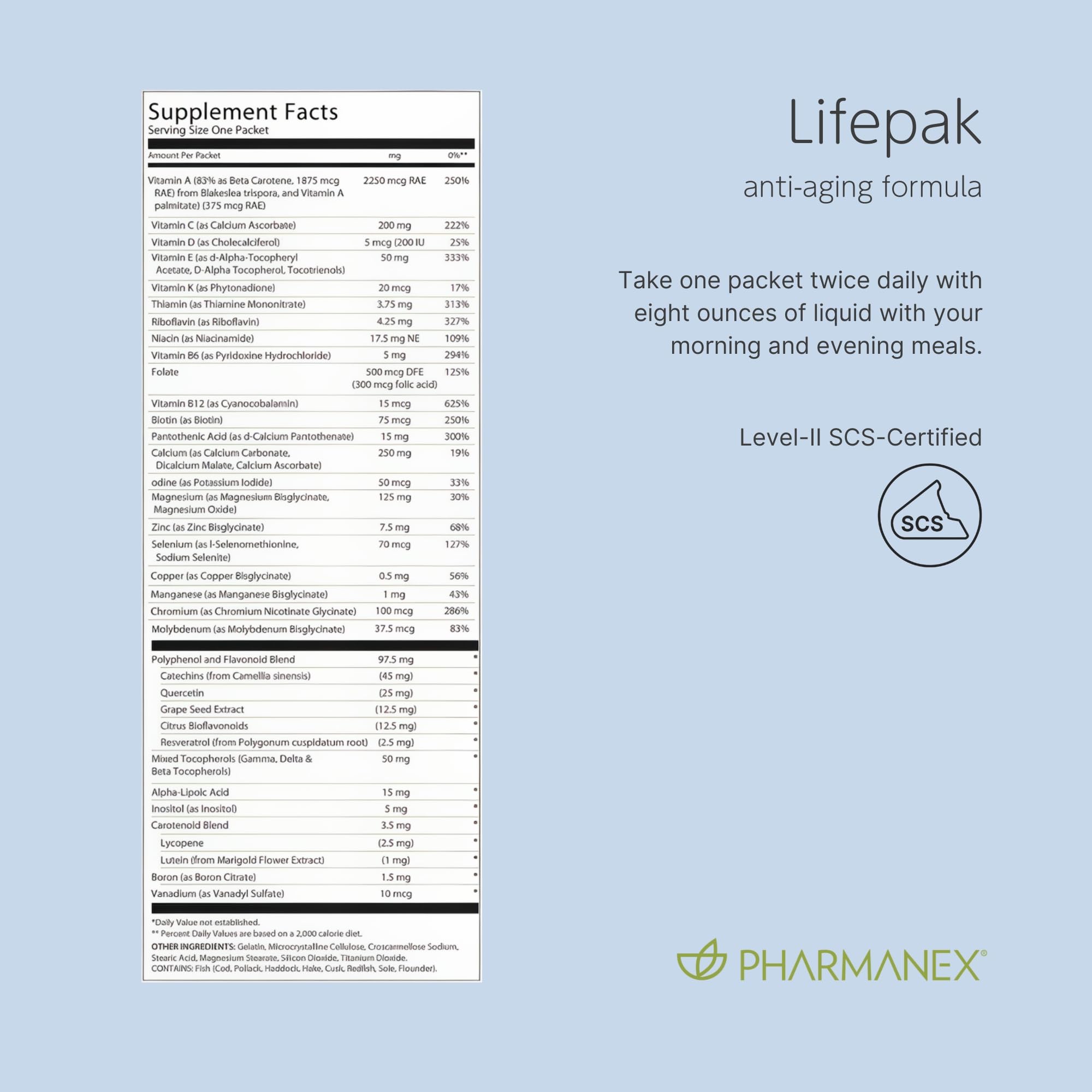 Nutrition facts label for LifePak Advanced