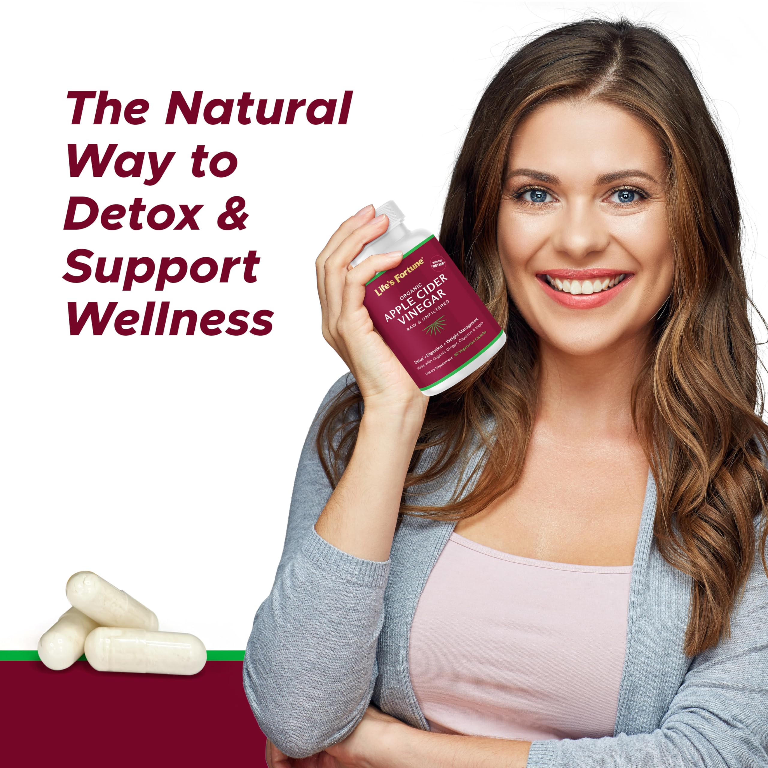 Life's Fortune ACV capsules bottle label highlighting ingredients.