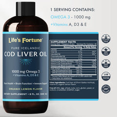 Close-up of Life's Fortune cod liver oil lemon bottle label