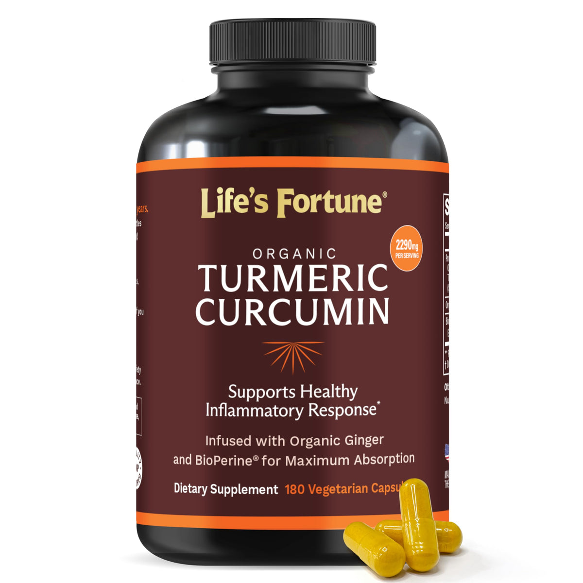 Life's Fortune Turmeric Curcumin bottle with 180 vegan capsules on a white background