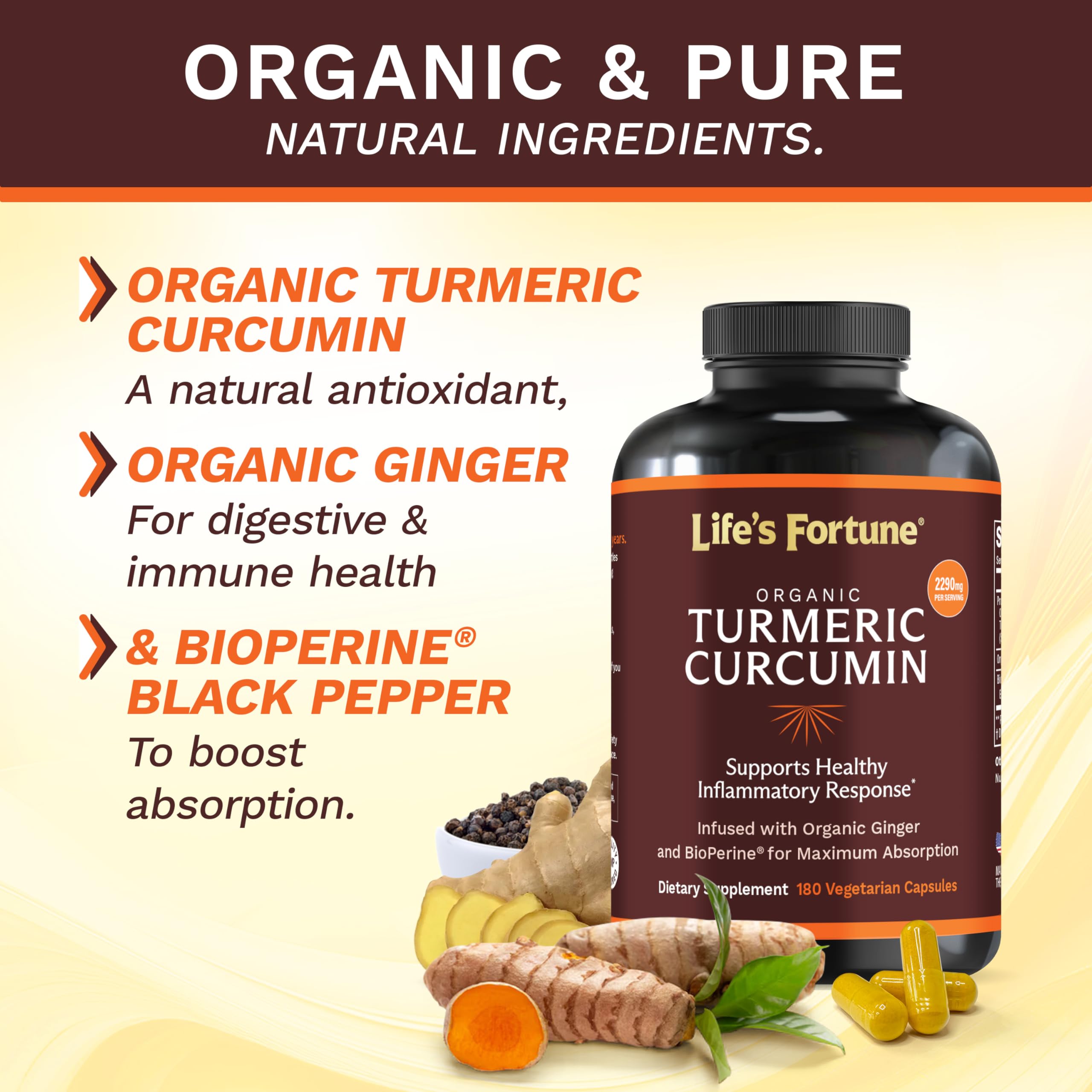 Ingredient panel highlighting 95% curcuminoids and black pepper extract
