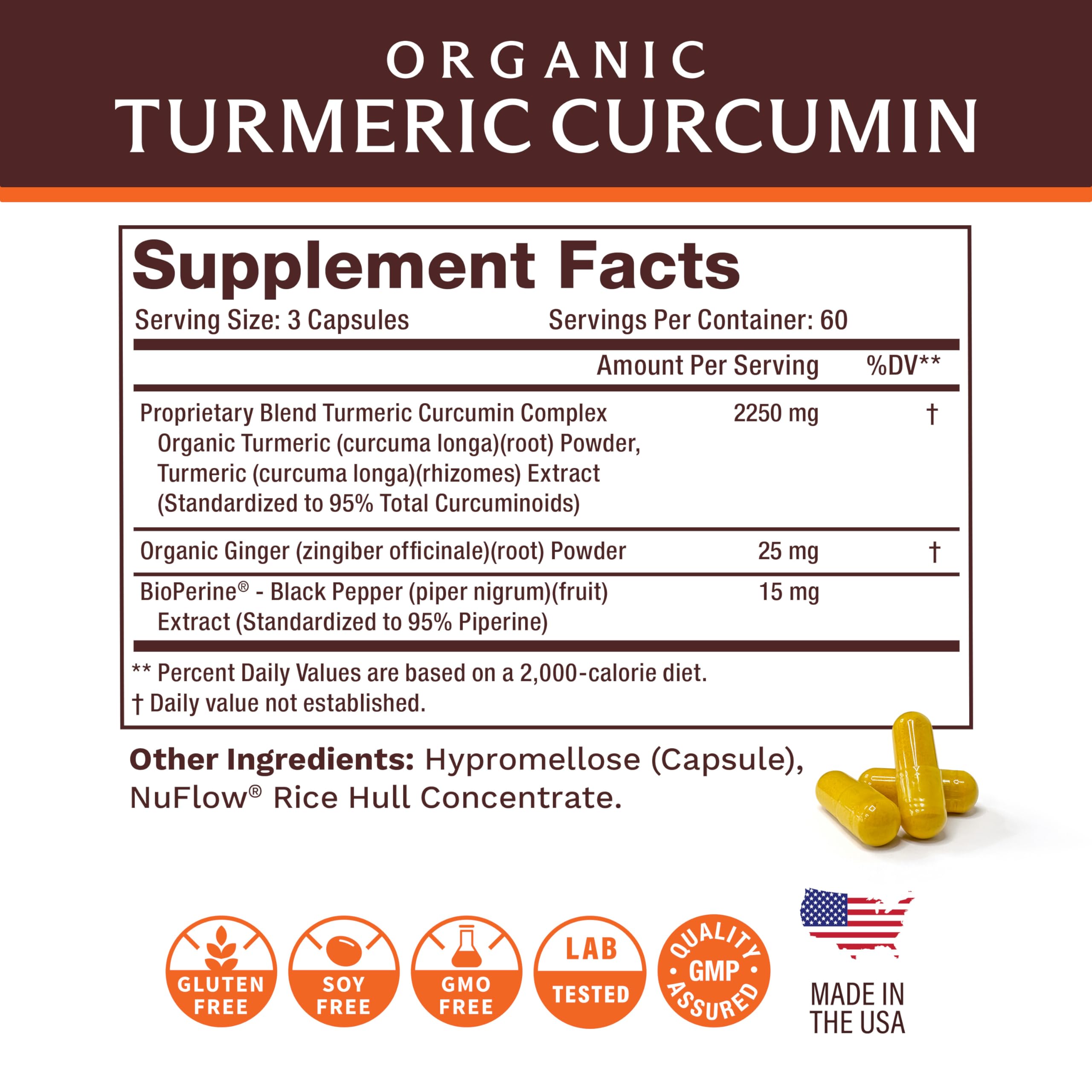 Made in USA mark and non-GMO claim on Life's Fortune Turmeric Curcumin label