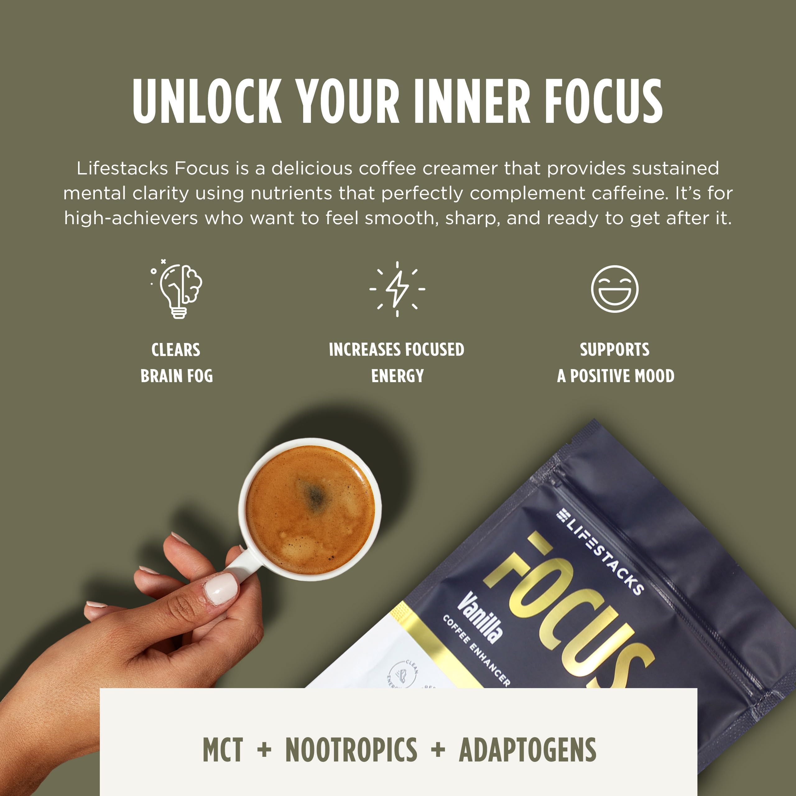 LIFESTACKS Focus vanilla stir highlights convenient, stirred-in caffeine synergy.