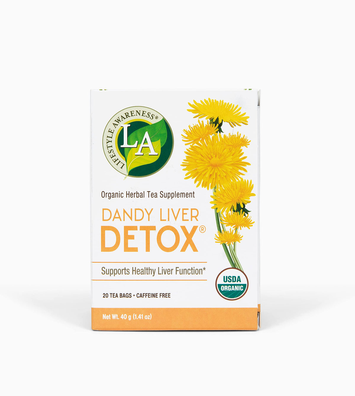 Lifestyle Awareness Dandy Liver Detox Tea pack shot showcases a calming caffeine-free herbal blend