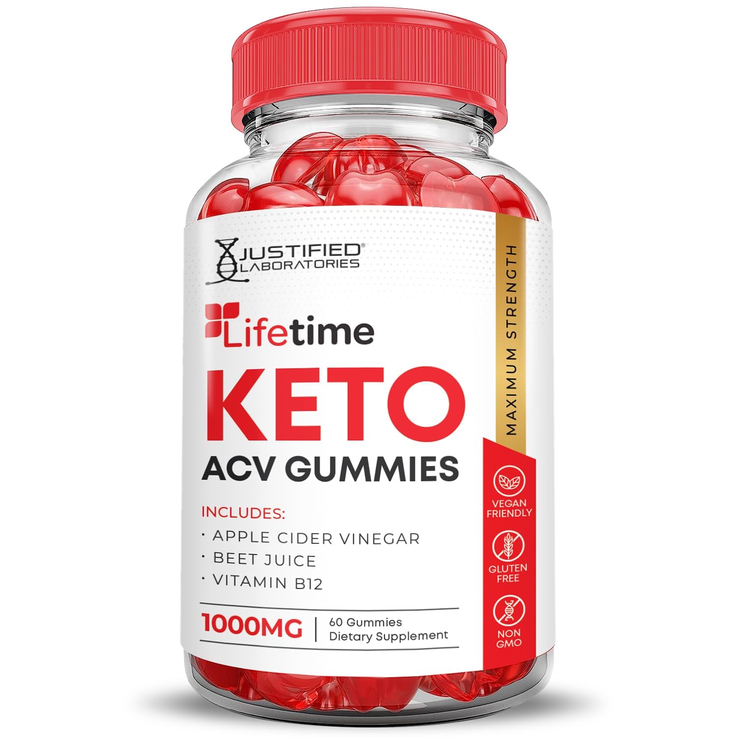 Vegan, non-GMO, gluten-free and gelatin-free badges for Lifetime Keto ACV Gummies