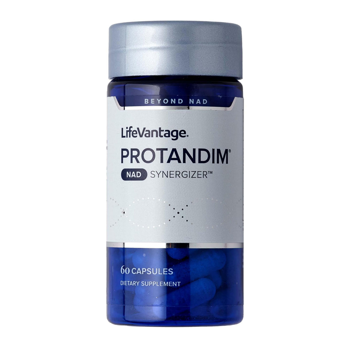 LifeVantage Protandim NAD Synergizer bottle close-up supports daily energy and focus.