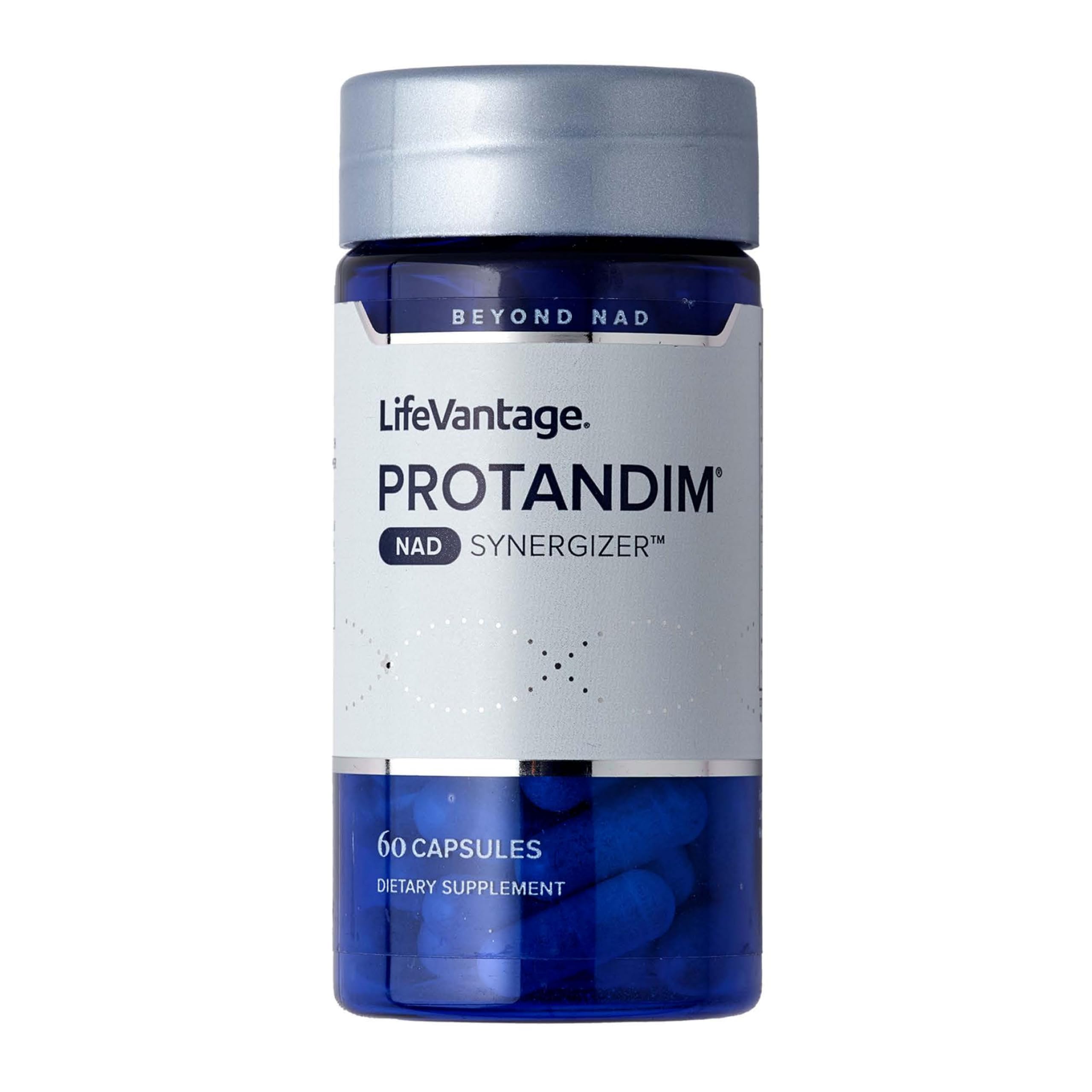 LifeVantage Protandim NAD Synergizer bottle close-up supports daily energy and focus.
