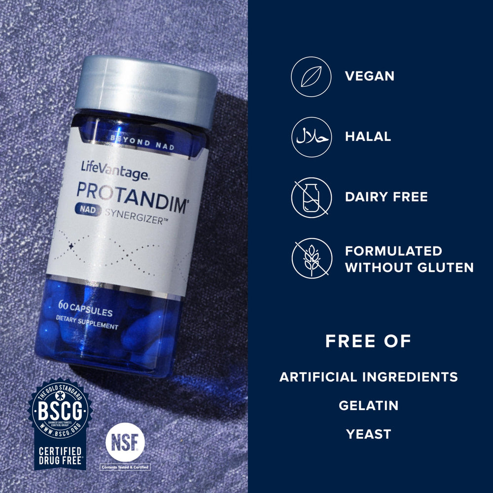 LifeVantage Protandim NAD Synergizer daily-use bottle with glass of water for focus.