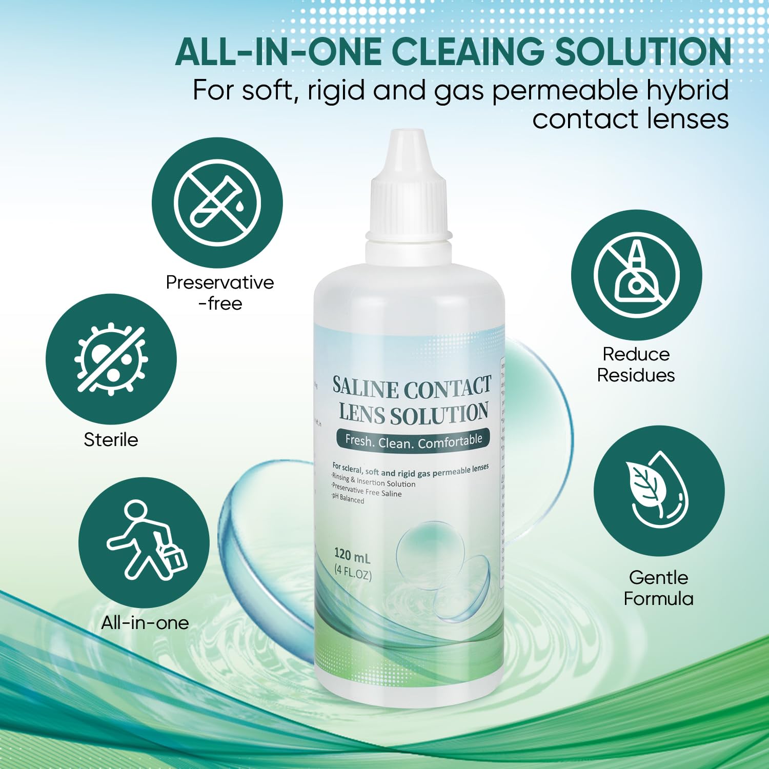 Lenses being rinsed with saline solution suitable for scleral, soft, and rigid gas-permeable lenses.