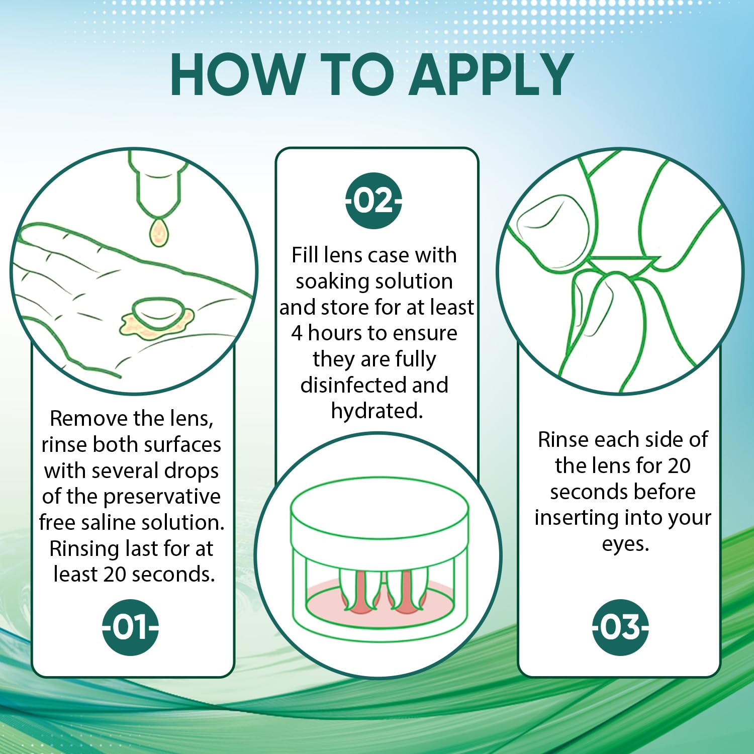 Eyes wearing contact lenses after using LIFVEAN saline solution for comfort.
