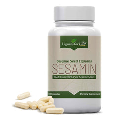 Lignans For Life sesame extract 81mg sesamin capsules closeup suggesting liver support potential