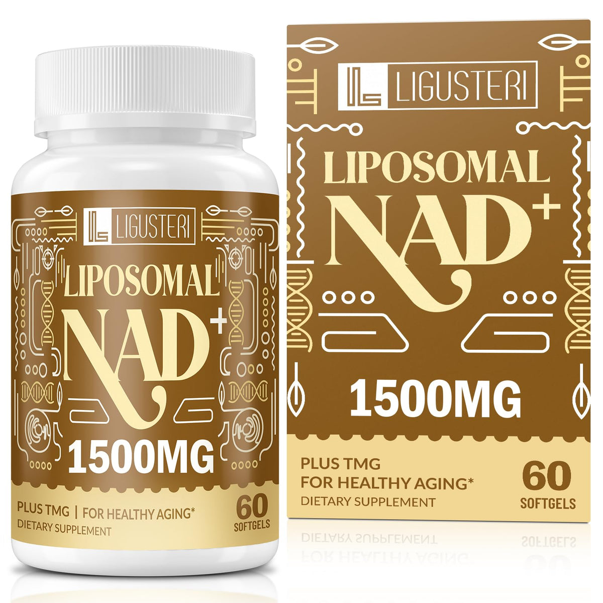 Front view of LIGUSTERI 1500 mg liposomal NAD+ bottle with label