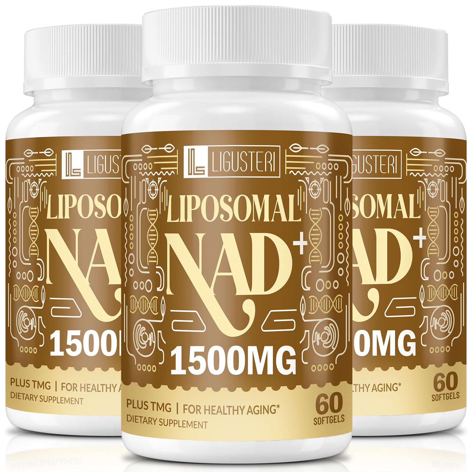 Bottle of LIGUSTERI Liposomal NAD+ with TMG 180 softgels on a white background