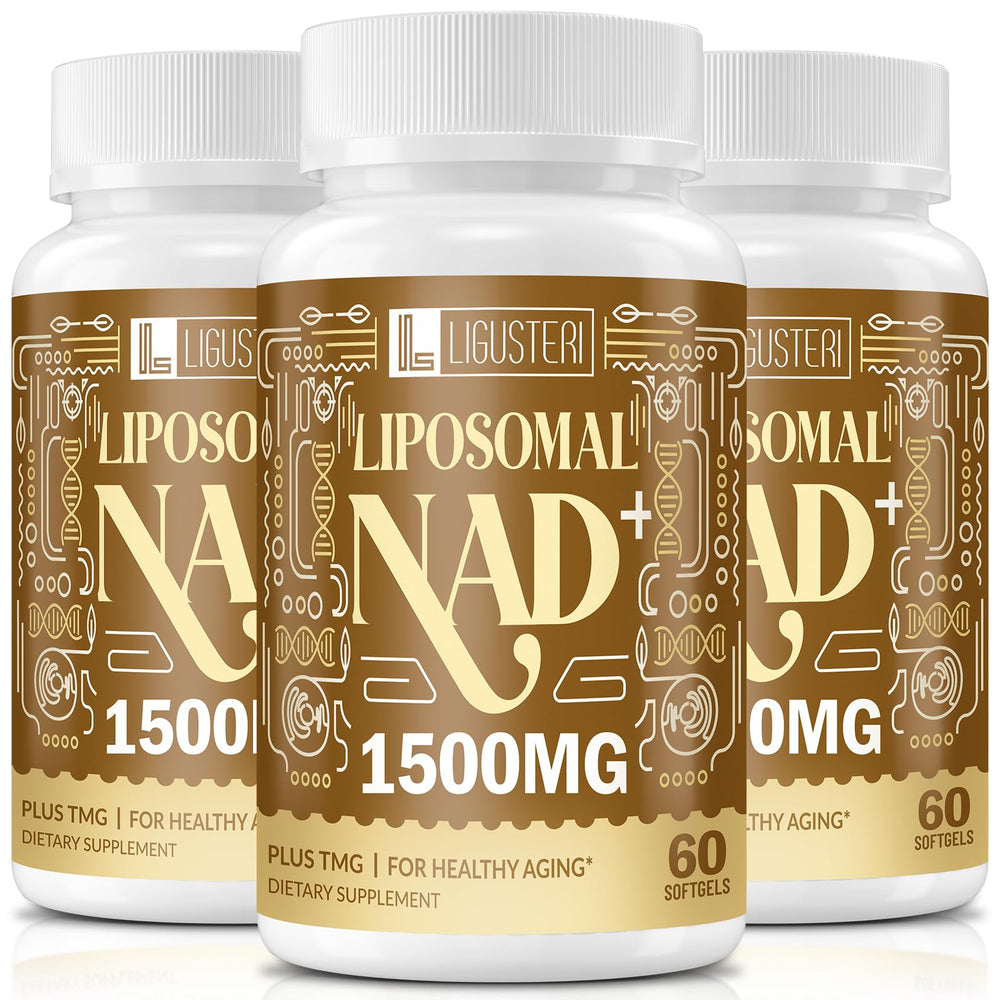 Bottle of LIGUSTERI Liposomal NAD+ with TMG 180 softgels on a white background